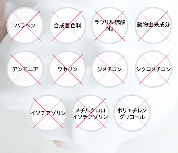 ×パラベン　×合成着色料×ラウリル硫酸
Na×動物由来成分×アンモニア×ワセリン×ジメチコン×シクロメチコン×イソチアゾリン×メチルクロロイソチアゾリン×ポリエチレングリコール