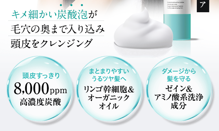 キメ細かい炭酸泡が毛穴の奥まで入り込み頭皮をクレンジング