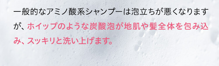 一般的なアミノ酸系シャンプーは泡立ちが悪くなりますが、ホイップのような炭酸泡が地肌や髪全体を包み込み、スッキリと洗い上げます。