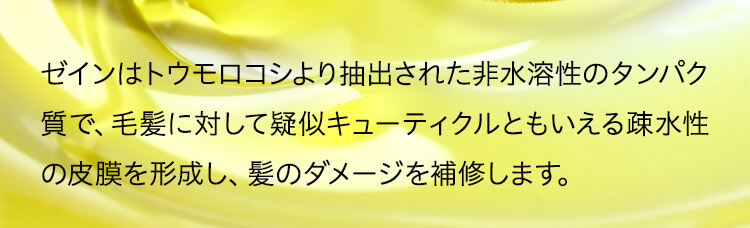 ゼインはトウモロコシより抽出された非水溶性のタンパク質で、毛髪に対して疑似キューティクルともいえる疎水性の皮膜を形成し、髪のダメージを補修します。